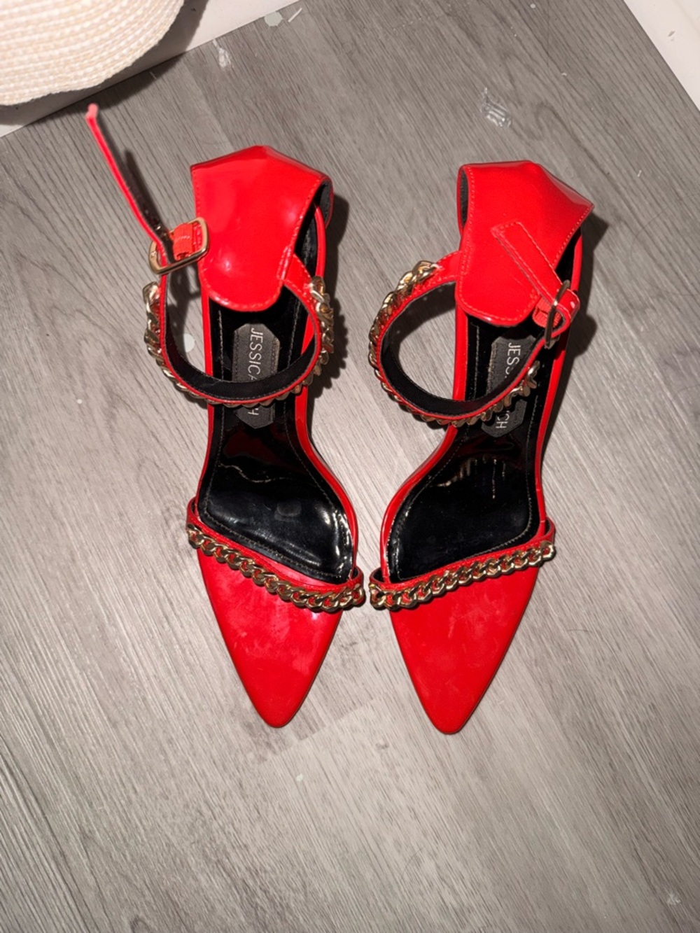 Jessica Red Patent Leather Heels with Gold Chain Detail - Picture 6 of 11